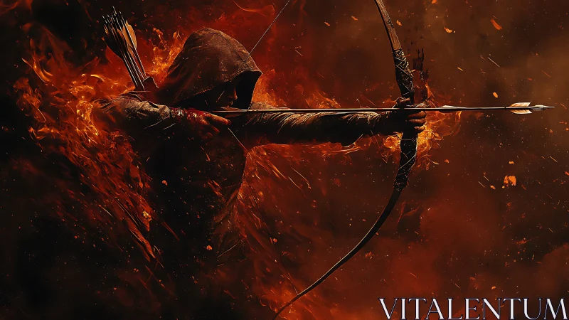Hooded archer draws flaming arrow amid dynamic particulate fire field