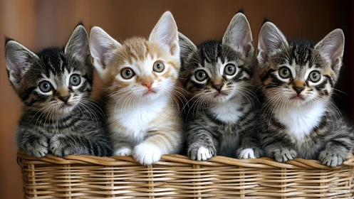 Five tabby and orange kittens display alert posture with dilated pupils in woven basket