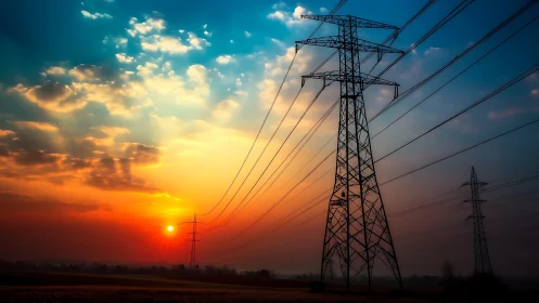 Photorealistic powerline silhouettes at saturated sunset horizon.