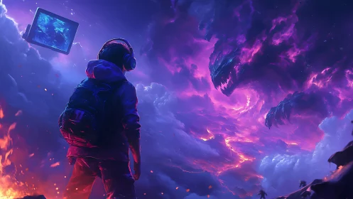 Hooded gamer confronts colossal nebular dragon in neon storm