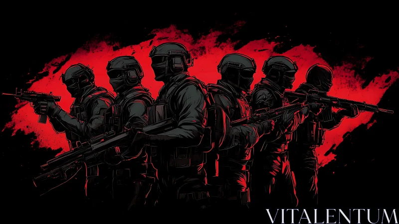 Tactical squad silhouette linework on red impact field.