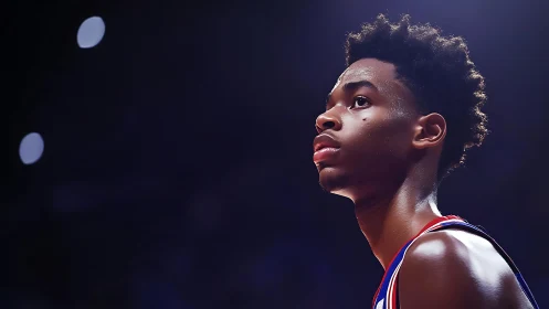 Focused young basketball player under arena lights.