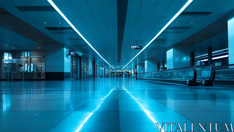 Empty blue-lit airport corridor with moving walkway.