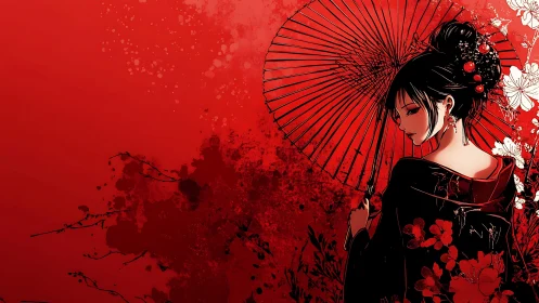 Geisha in black kimono holding parasol on red backdrop.