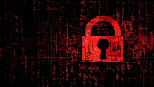 Red lock icon overlays glitch-textured digital circuit matrix background