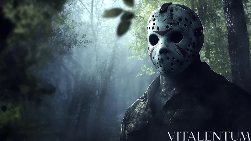 Masked horror figure standing in misty forest scene.