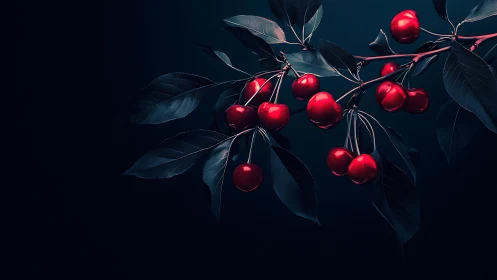 Dark background highlights vivid red cherries on branch