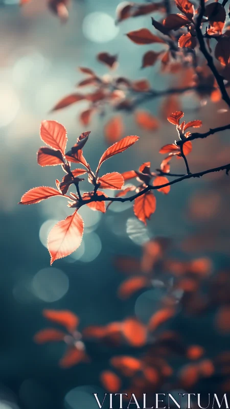 Red leaves on thin branch against teal circular bokeh background