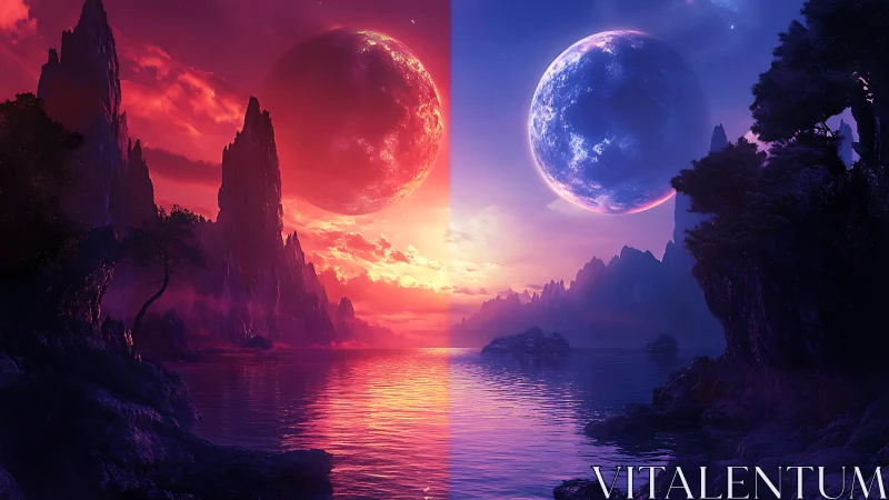Twin alien moons divide a vivid fantasy coastal twilight