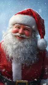 Joyful Santa portrait in softly falling winter snowstorm.