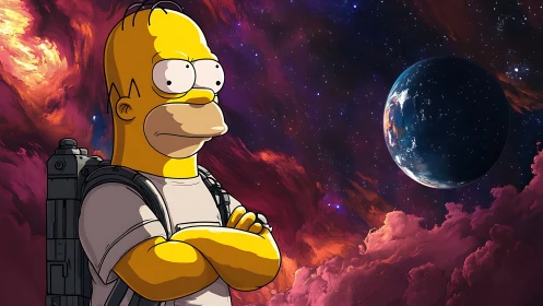 Spacefaring cartoon dreamer gazing over a glowing cosmos.