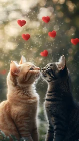 Two Cats with Floating Red Hearts in Dreamlike Bokeh Atmosphere