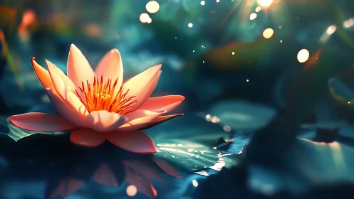 Luminous water lily rendered in cinematic shallow focus lighting