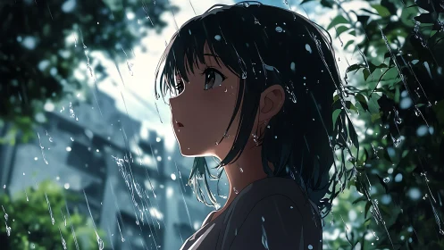 Anime girl in summer rain with reflective urban backdrop.