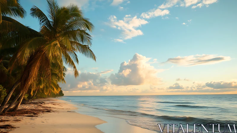 Tropical Beach at Golden Hour with Palm Trees