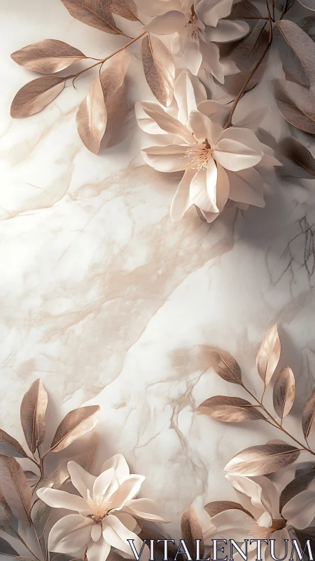 Marble backdrop with blush magnolia flowers and bronze leaves.