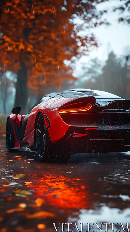 Scarlet supercar idling in rain-soaked autumn avenue glow.