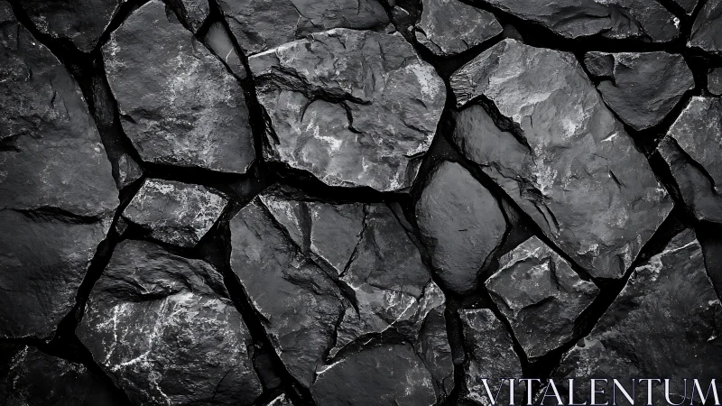Monochrome fractured stone wall texture in close-up detail.