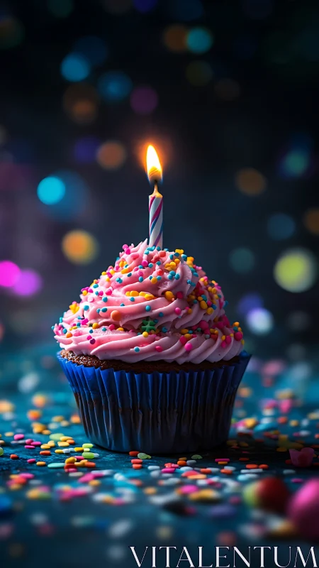 Pink-Frosted Cupcake with Spiral Candle and Chromatic Bokeh.