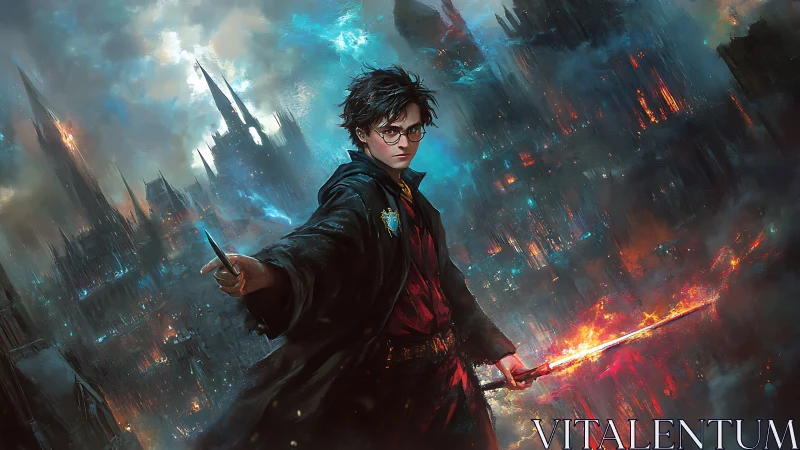 Battle mage with wand and flaming sword in ruined neon city