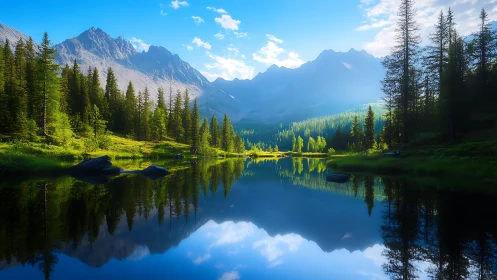 Symmetric alpine lake reflection with high-contrast conifer forest
