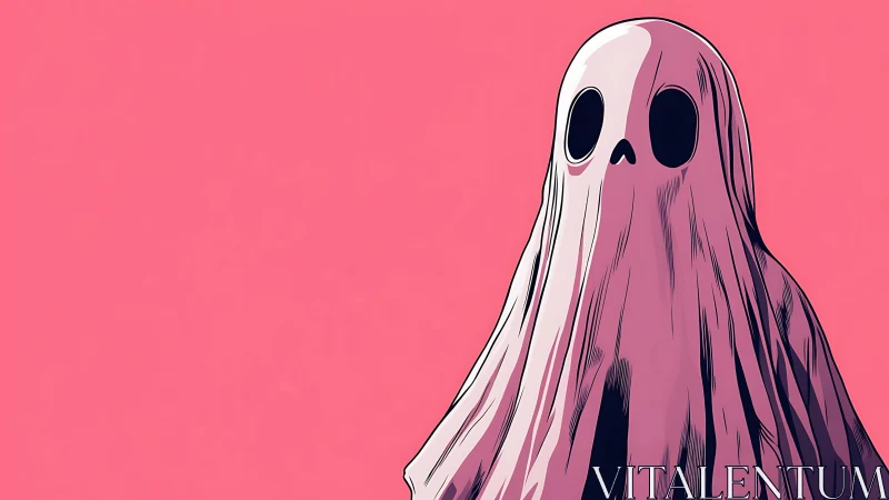 Minimal comic ghost character on flat pink backdrop.