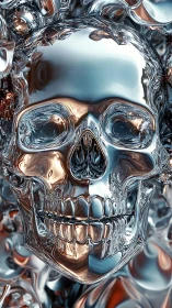 Chromed skeletal head in reflective parametric 3D shell.