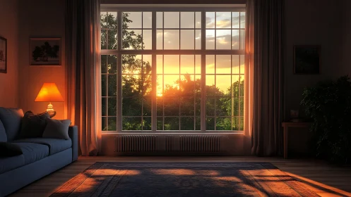 Sunset light fills cozy living room through large window