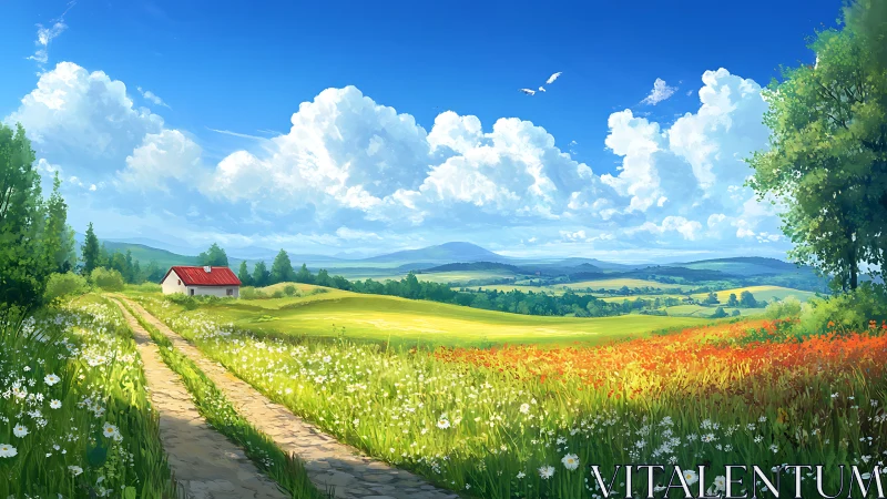 Sunlit rural valley rendered with saturated color gradients and depth