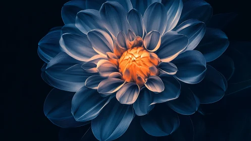 Blue Dahlia with Orange Center Against Dark Background
