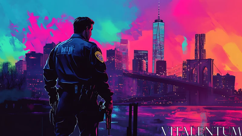 Backlit urban police figure surveys neon-gradient city skyline