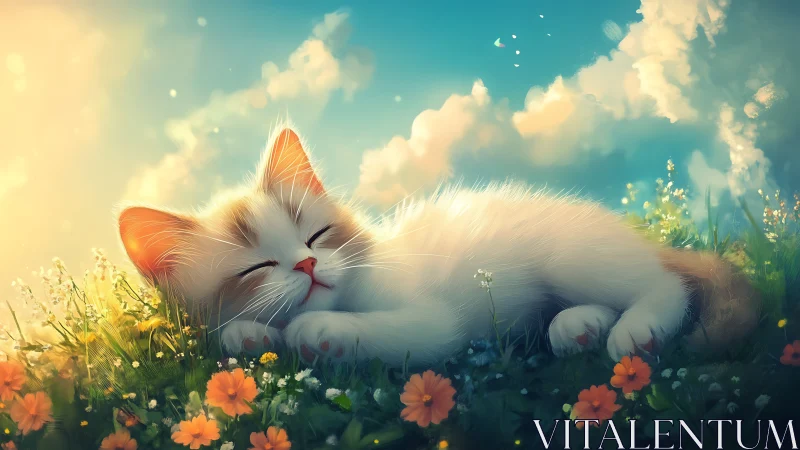 Luminescent Feline Subject Recumbent in Wildflower Meadow with Atmospheric Illumination.