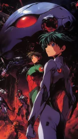 Young pilots stand brave beneath a looming mech sky.