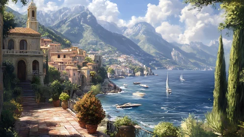 Sunlit coastal village welcomes boats along a calm blue bay