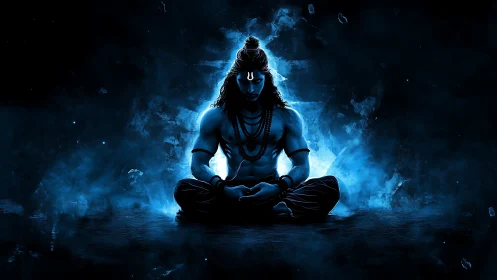 Luminescent meditative deity in high‑contrast blue vortex field.