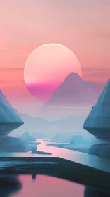 Pastel alien sunrise over icy canyon and winding river