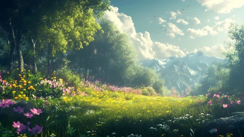 Sunlit alpine meadow with wildflowers and distant peaks.