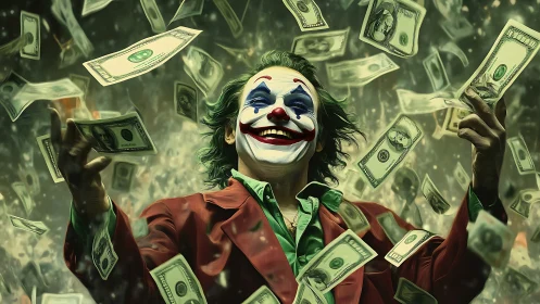 Laughing clown king revels in storm of falling dollar bills