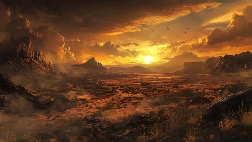Golden desert horizon under a glowing, stormy sunset sky.