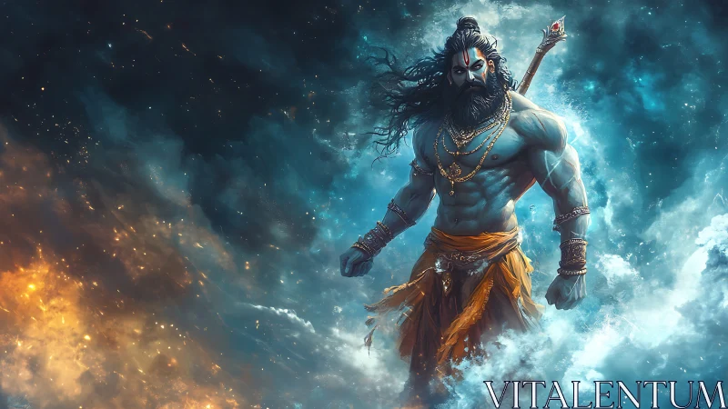 Mythic blue-skinned warrior strides through turbulent cosmic clouds
