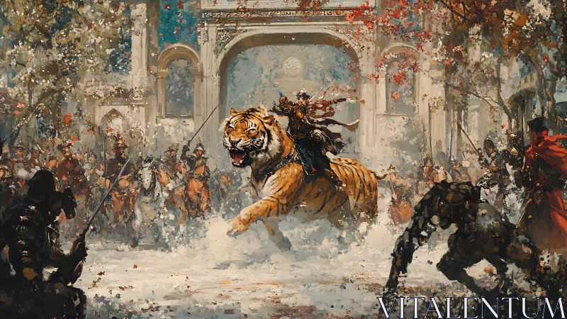 Mounted warrior on tiger navigates architectural courtyard amid crowd