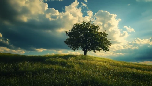 Lone tree on grassy hill under dramatic sky, natural landscape scene.