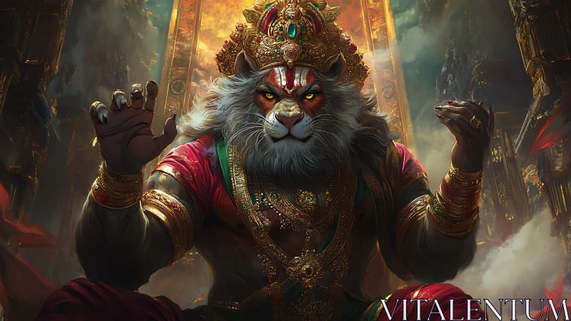 Anthropomorphic lion deity in ornate regal armor, frontal pose