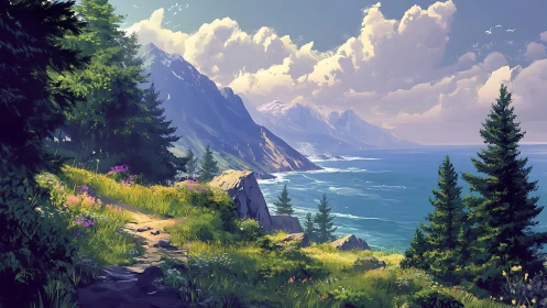 Sunlit coastal trail overlooks alpine cliffs and luminous sea