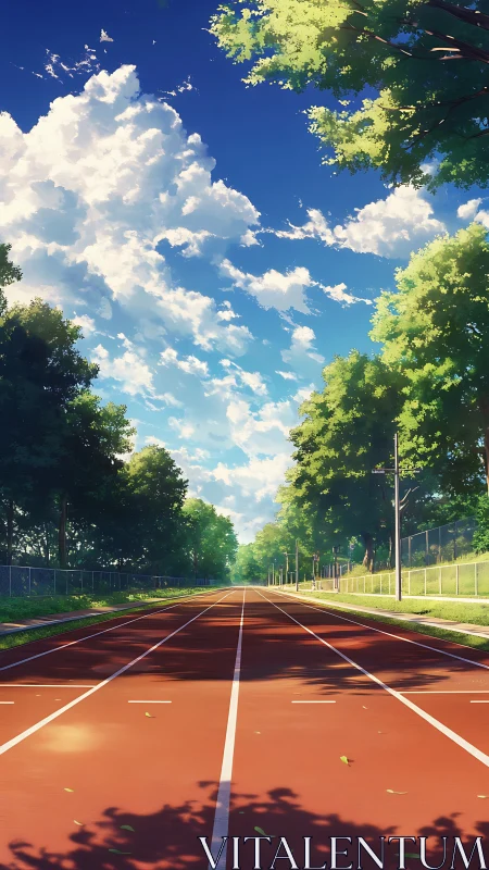 Sunlit synthetic track under cumuliform sky perspective study.