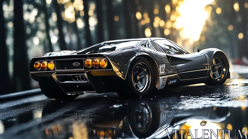 Midnight racer glides through wet forest light like molten chrome