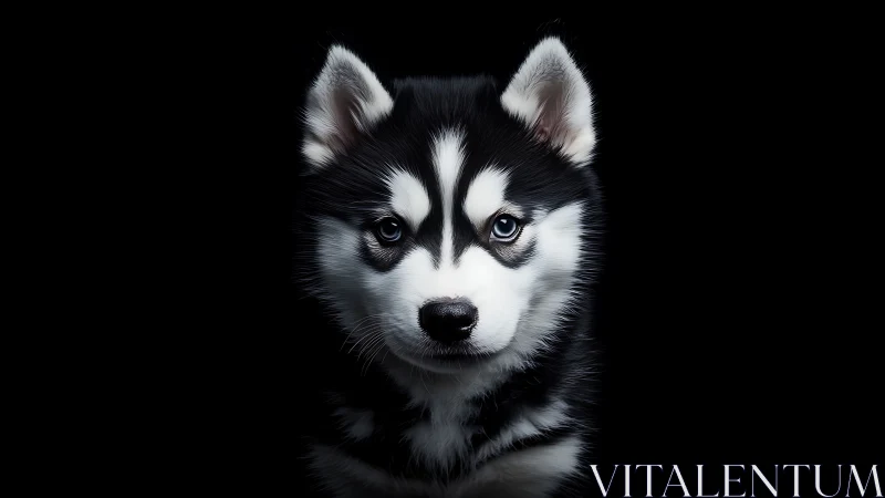 Bright blue-eyed husky puppy gazes softly from the shadows