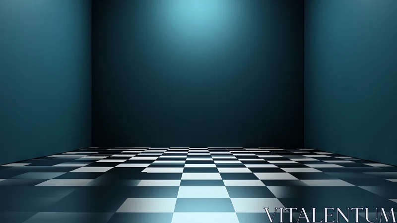 Empty teal room with reflective checkerboard floor and soft vignetting