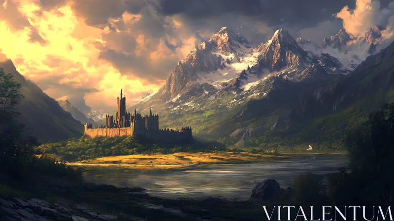 Castle complex stands before snow-covered mountain range