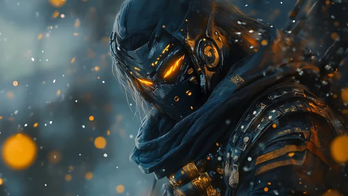 Ember-eyed cyber ranger stalking through neon froststorm.